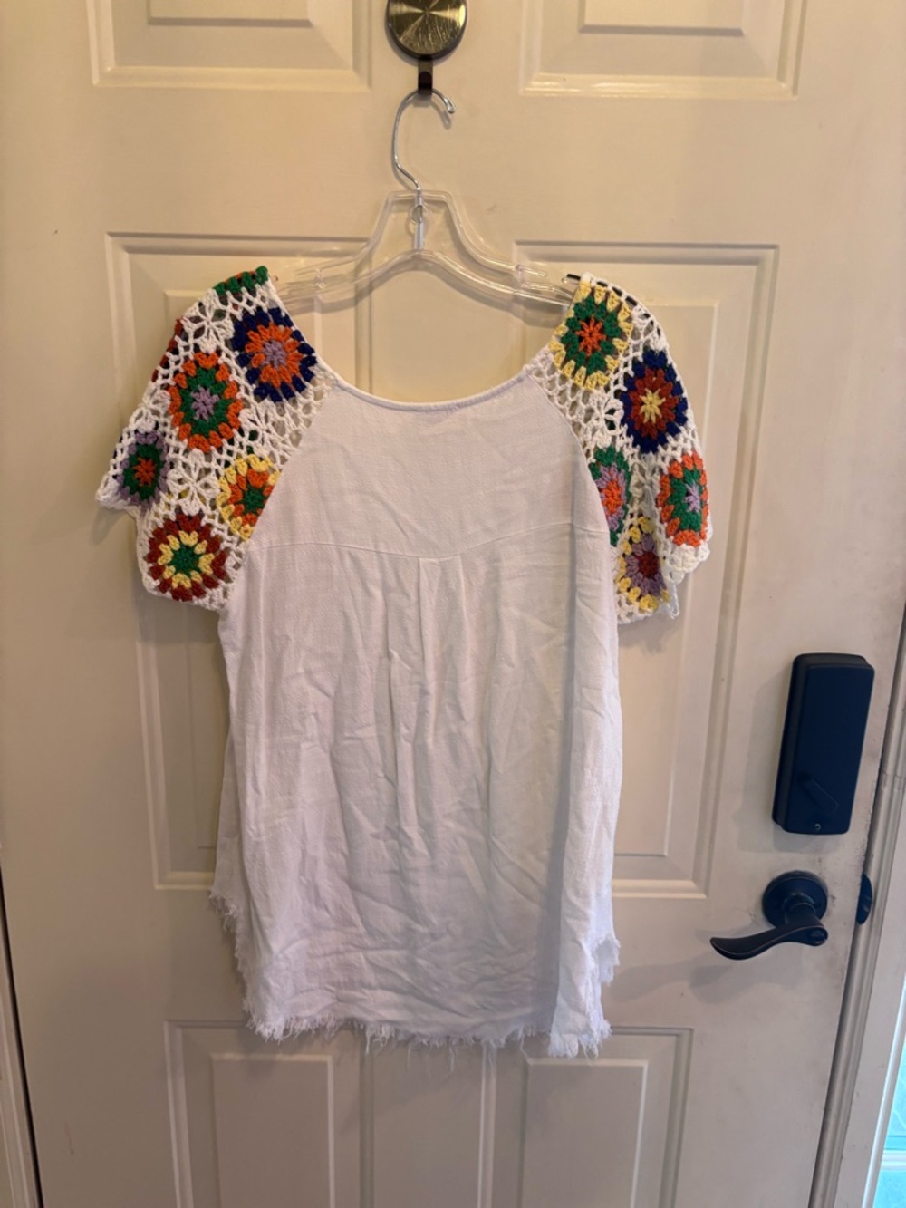 Anthropologie JODIFL White Cotton Tee with Multicolor Crochet Sleeves - Picture 3 of 5
